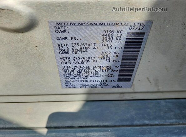 5N1AT2MT8HC868135 2017 NISSAN ROGUE Silver VIN sticker view