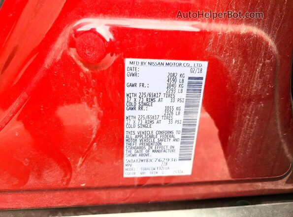 5N1AT2MT8JC762936 2018 NISSAN ROGUE Red 