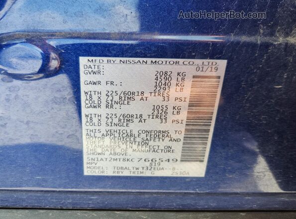 5N1AT2MT8KC766549 2019 NISSAN ROGUE Blue VIN կոդի պիտակի տեսք