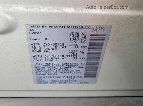 5N1AT2MT9GC740145 2016 NISSAN ROGUE Silver VIN կոդի պիտակի տեսք