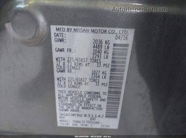 5N1AT2MT9GC831142 2016 NISSAN ROGUE Gray Widok komory silnika
