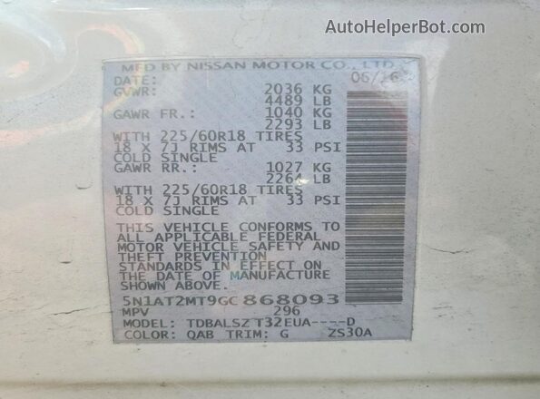 5N1AT2MT9GC868093 2016 NISSAN ROGUE White 