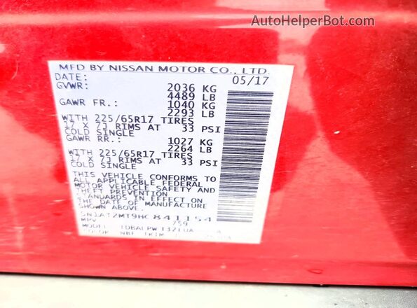 5N1AT2MT9HC841154 2017 NISSAN ROGUE Red VIN კოდის სტიკერის ხედი