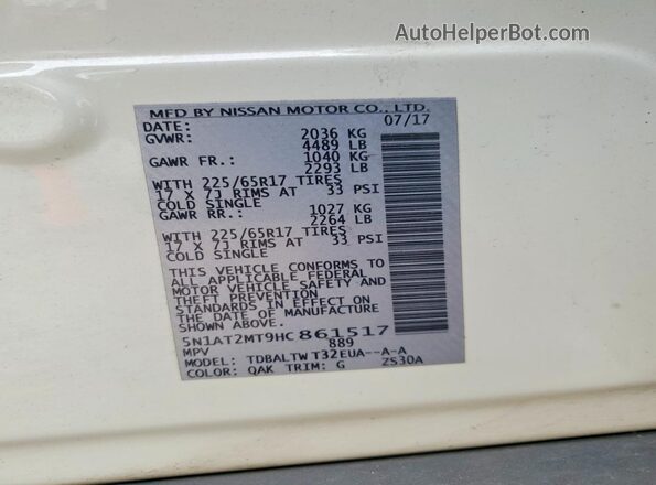 5N1AT2MT9HC861517 2017 NISSAN ROGUE White Սալոնի 360 աստիճան տեսք