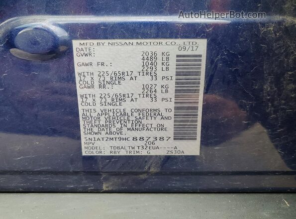 5N1AT2MT9HC887387 2017 NISSAN ROGUE Blue VIN կոդի պիտակի տեսք
