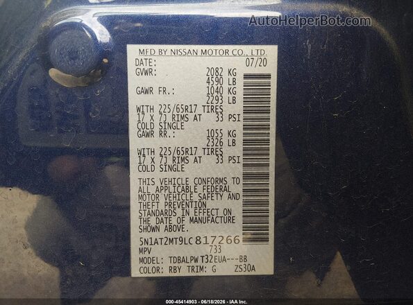 5N1AT2MT9LC817266 2020 NISSAN ROGUE Blue Widok komory silnika