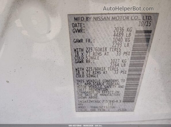 5N1AT2MTXGC759643 2016 NISSAN ROGUE White Շարժիչի բաժամունքի տեսք