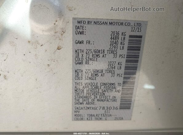 5N1AT2MTXGC783036 2016 NISSAN ROGUE Silver Вид підкапотного простору