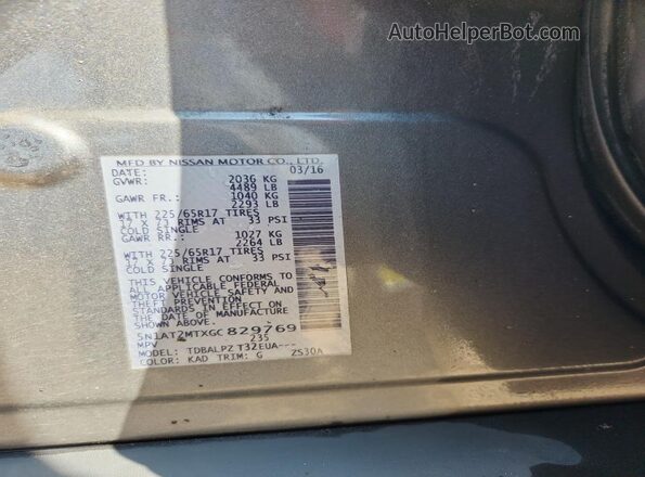 5N1AT2MTXGC829769 2016 NISSAN ROGUE Gray VIN sticker view