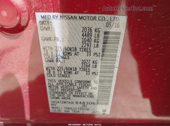 5N1AT2MTXGC848306 2016 NISSAN ROGUE Красный Вид подкапотного пространства