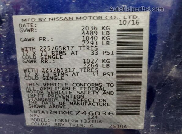5N1AT2MTXHC746036 2017 NISSAN ROGUE Blue VIN sticker view