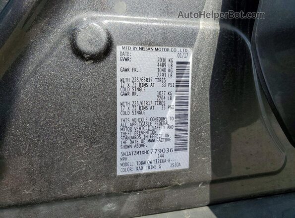 5N1AT2MTXHC779036 2017 NISSAN ROGUE Gray Widok naklejki z numerem VIN