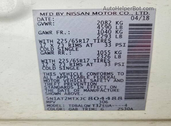 5N1AT2MTXJC804488 2018 NISSAN ROGUE White Widok naklejki z numerem VIN