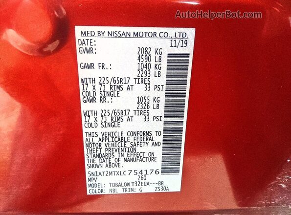 5N1AT2MTXLC754176 2020 NISSAN ROGUE Burgundy Вид наклейки з VIN-кодом