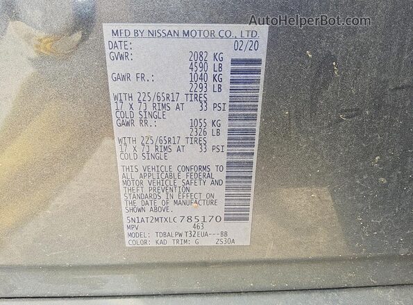 5N1AT2MTXLC785170 2020 NISSAN ROGUE Gray Вид наклейки з VIN-кодом