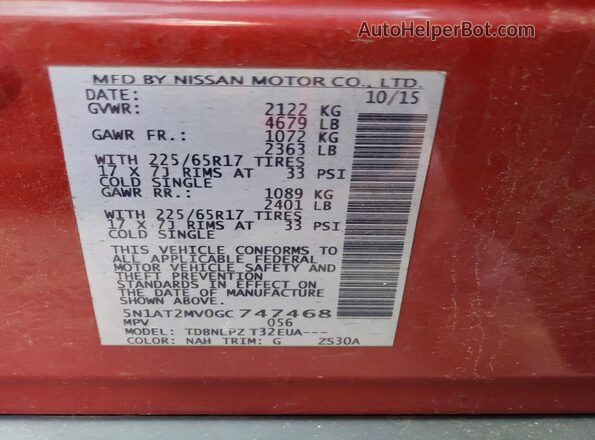 5N1AT2MV0GC747468 2016 NISSAN ROGUE Red 