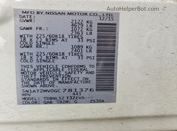 5N1AT2MV0GC781376 2016 NISSAN ROGUE White 