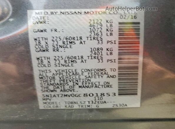 5N1AT2MV0GC801853 2016 NISSAN ROGUE Gray VIN կոդի պիտակի տեսք