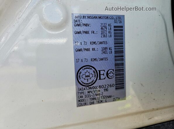 5N1AT2MV0GC802260 2016 NISSAN ROGUE White VIN კოდის სტიკერის ხედი
