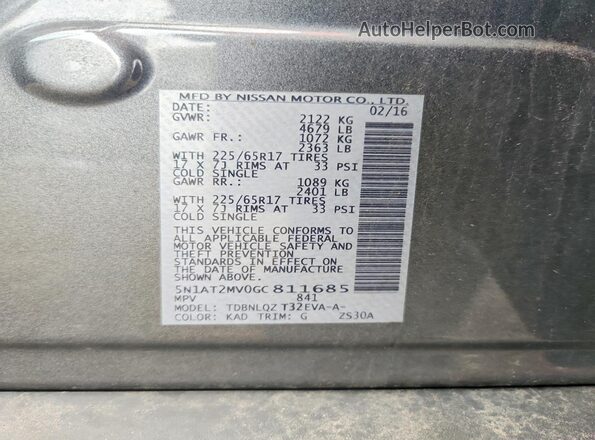 5N1AT2MV0GC811685 2016 NISSAN ROGUE Gray 