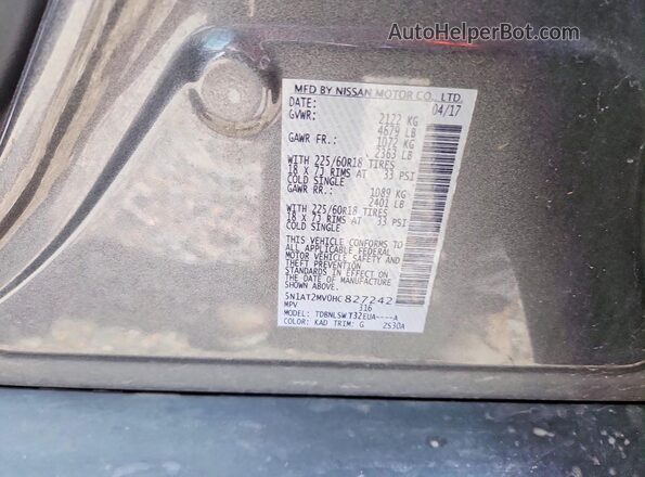 5N1AT2MV0HC827242 2017 NISSAN ROGUE Gray Widok naklejki z numerem VIN