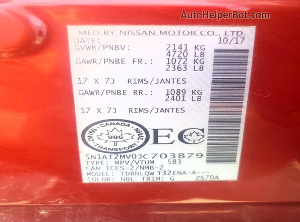 5N1AT2MV0JC703879 2018 NISSAN ROGUE Red Vista de la etiqueta del VIN