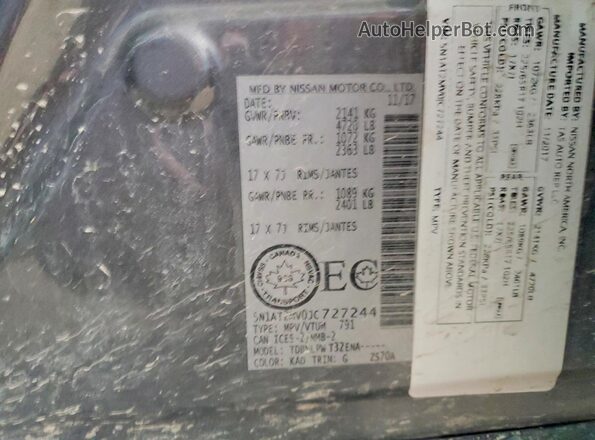 5N1AT2MV0JC727244 2018 NISSAN ROGUE Gray Вид наклейки з VIN-кодом