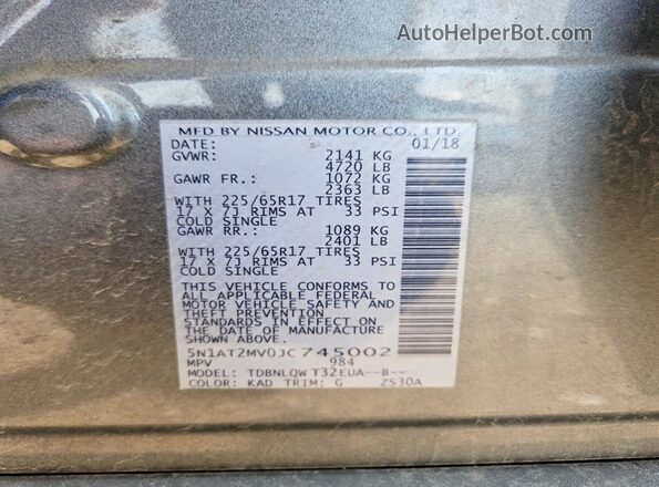 5N1AT2MV0JC745002 2018 NISSAN ROGUE Gray 