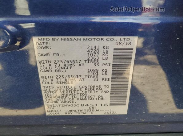 5N1AT2MV0JC845116 2018 NISSAN ROGUE Blue Вид наклейки з VIN-кодом