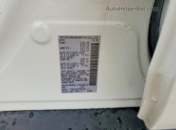 5N1AT2MV0KC745812 2019 NISSAN ROGUE White VIN კოდის სტიკერის ხედი