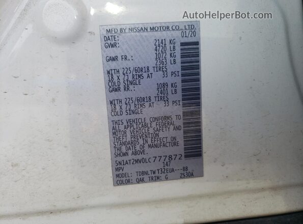 5N1AT2MV0LC777872 2020 NISSAN ROGUE White Vista del compartimento del motor