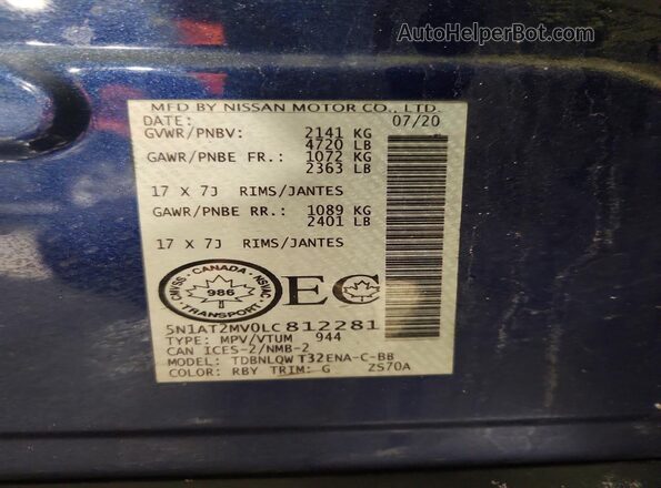 5N1AT2MV0LC812281 2020 NISSAN ROGUE Blue 