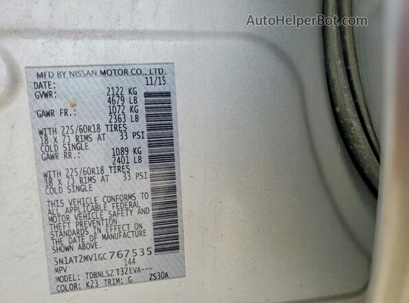 5N1AT2MV1GC767535 2016 NISSAN ROGUE Gray VIN կոդի պիտակի տեսք