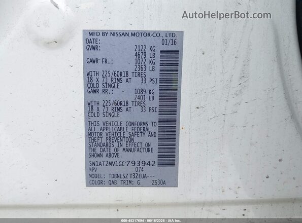 5N1AT2MV1GC793942 2016 NISSAN ROGUE Белый 