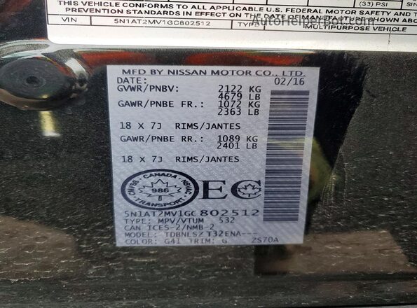 5N1AT2MV1GC802512 2016 NISSAN ROGUE Gray Widok wnętrza 360 stopni