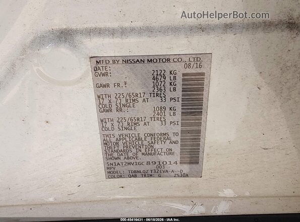 5N1AT2MV1GC891014 2016 NISSAN ROGUE White Vista del compartimento del motor