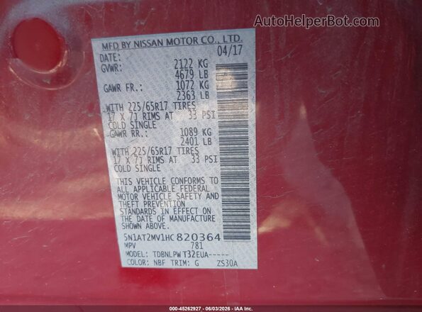 5N1AT2MV1HC820364 2017 NISSAN ROGUE Red Vista del compartimento del motor