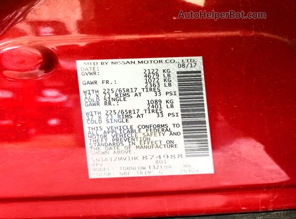 5N1AT2MV1HC874988 2017 NISSAN ROGUE Red Вид наклейки з VIN-кодом