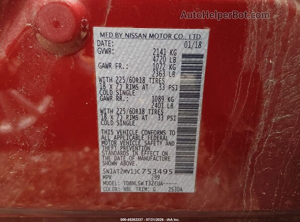 5N1AT2MV1JC753495 2018 NISSAN ROGUE Red Շարժիչի բաժամունքի տեսք