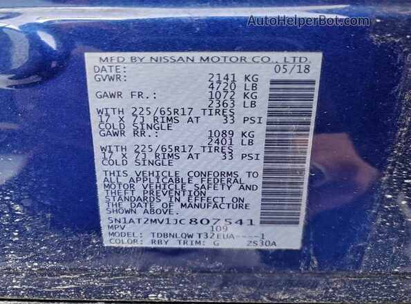 5N1AT2MV1JC807541 2018 NISSAN ROGUE Blue 