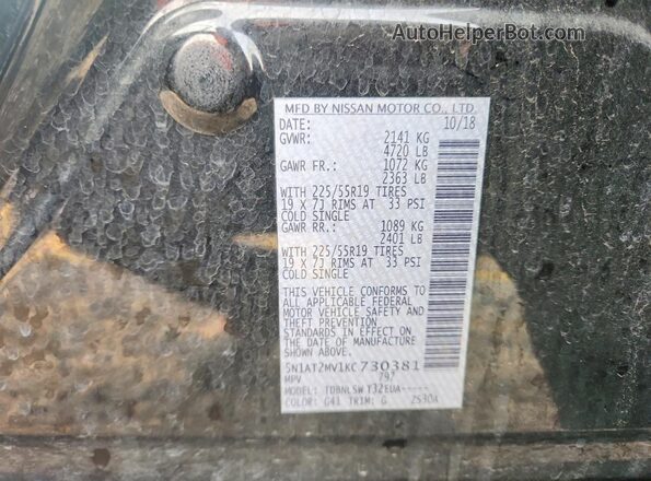5N1AT2MV1KC730381 2019 NISSAN ROGUE Charcoal VIN կոդի պիտակի տեսք
