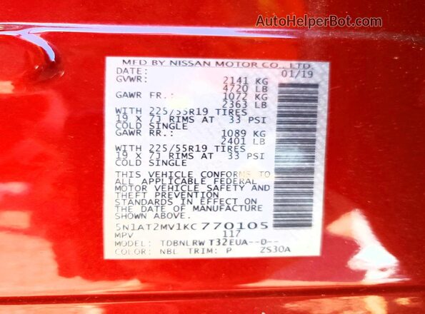 5N1AT2MV1KC770105 2019 NISSAN ROGUE Red 