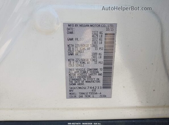 5N1AT2MV2GC744233 2016 NISSAN ROGUE White 