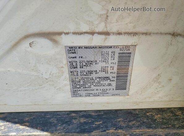 5N1AT2MV2GC810523 2016 NISSAN ROGUE White VIN կոդի պիտակի տեսք