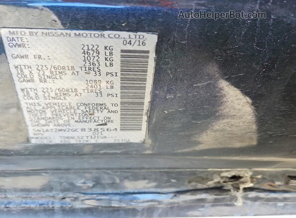 5N1AT2MV2GC838564 2016 NISSAN ROGUE Blue Vista de la etiqueta del VIN
