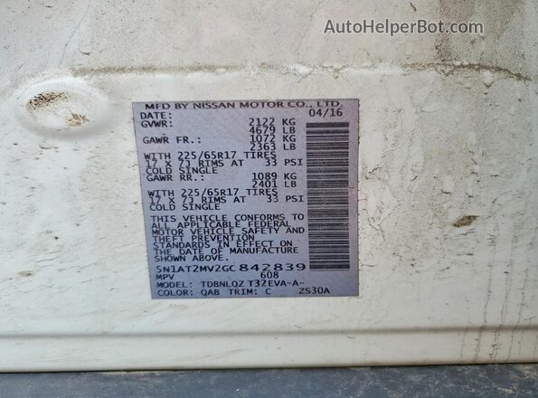 5N1AT2MV2GC842839 2016 NISSAN ROGUE White VIN կոդի պիտակի տեսք
