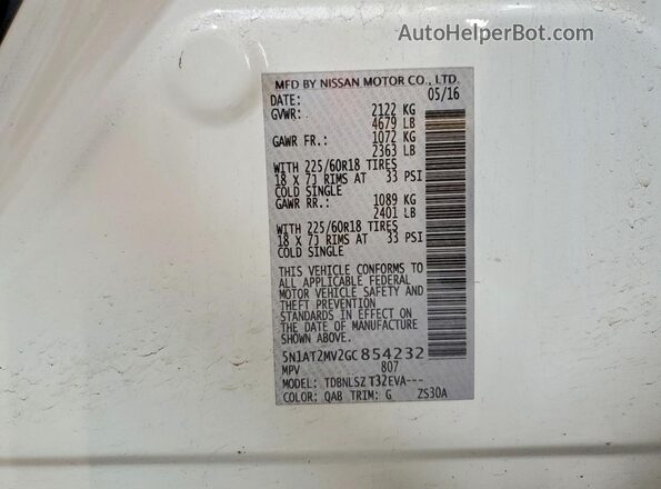 5N1AT2MV2GC854232 2016 NISSAN ROGUE White 