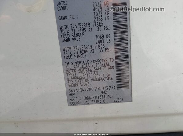 5N1AT2MV2HC743570 2017 NISSAN ROGUE White Vista del compartimento del motor