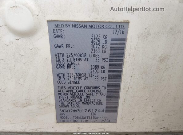 5N1AT2MV2HC761244 2017 NISSAN ROGUE White Widok komory silnika