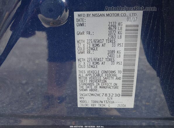 5N1AT2MV2HC783230 2017 NISSAN ROGUE Blue Vista del compartimento del motor